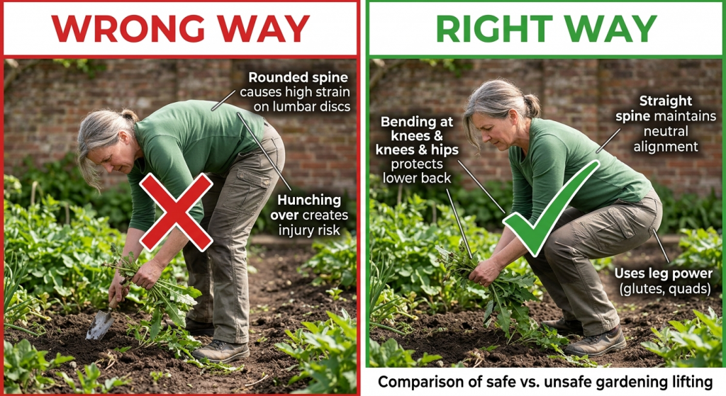 Correct ergonomic posture for gardening showing how to bend at the knees to prevent lower back strain.