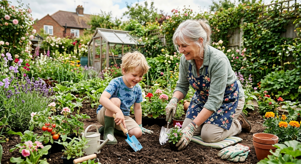 Family using ergonomic gardening tools and kneeling pads to protect joints from stiffness.