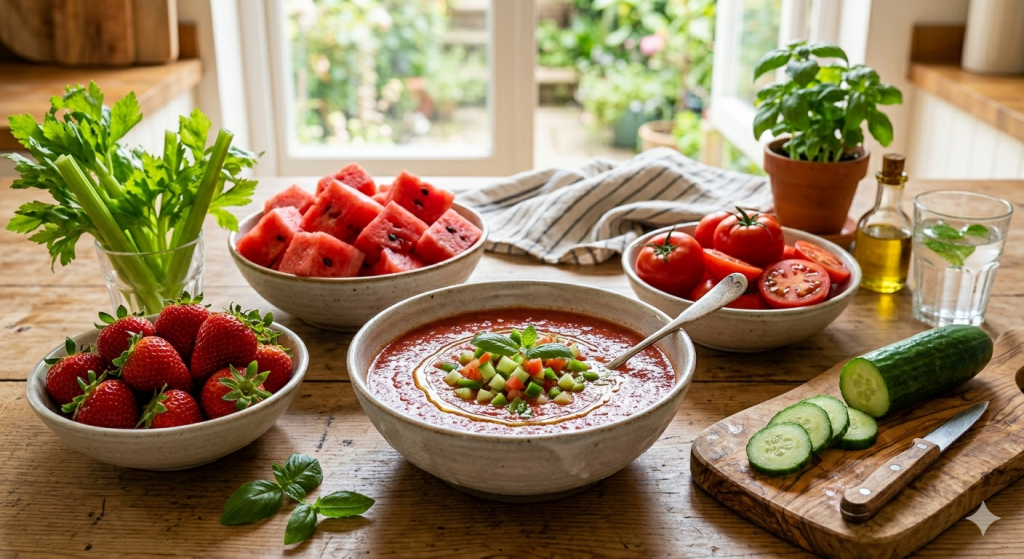 cucumber tomatoes water melon strawberries gazpacho to help hydration