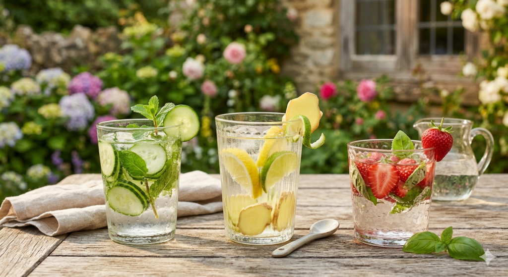 Add to water, Cucumber and fresh mint or Lemon, lime, and ginger or Strawberries and basil