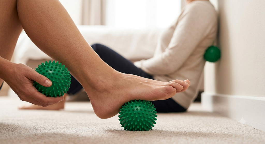 Using a spikey massage ball for travel self treatment