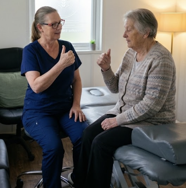 Osteopath and older lady practicing thumb alphabet