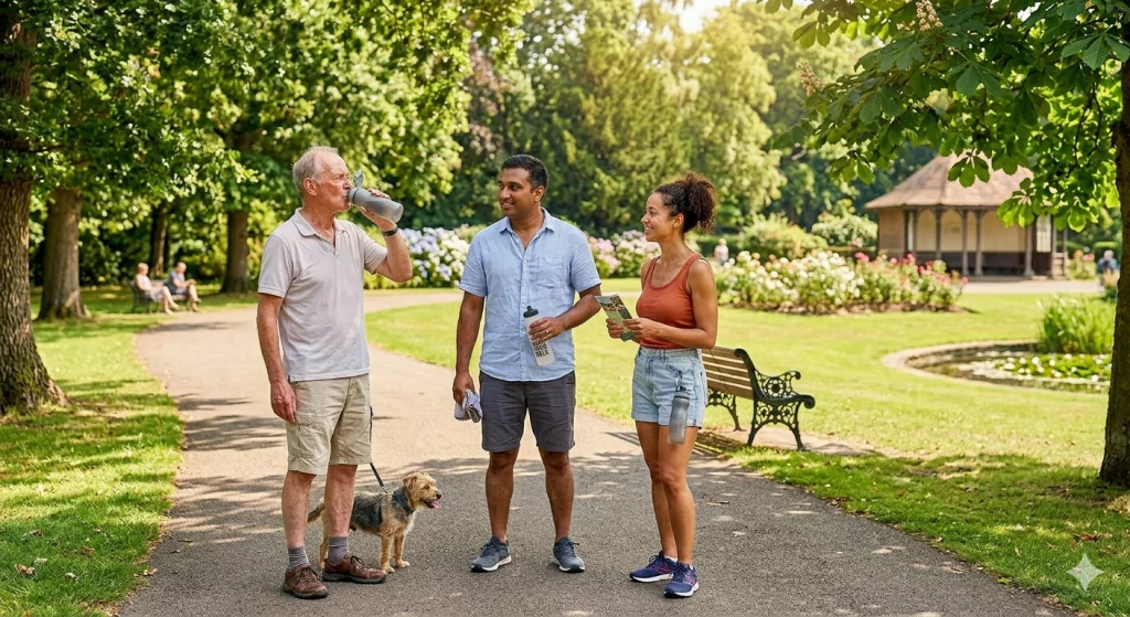 3 people hydrating in a park